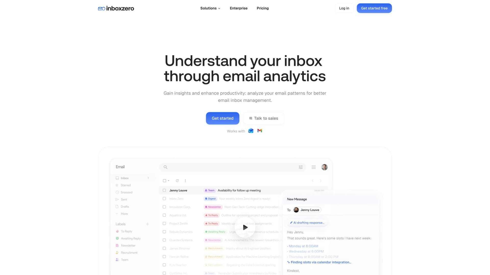 Inbox Zero Email Analytics dashboard with volume trends, top senders, and category breakdowns for team productivity